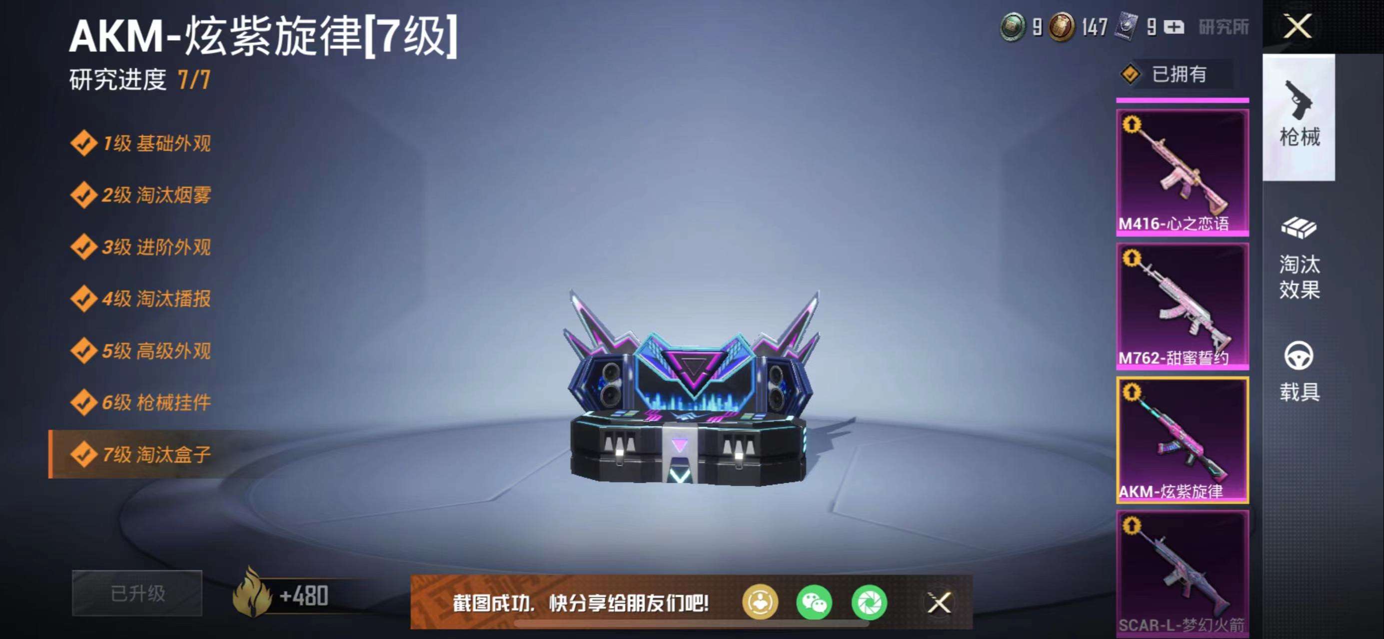1594988-【苹果微信】105套装-143枪皮-3载具   D* 9把特效枪7粉套 7级炫紫旋律 7级相思残雪 4级SCAR-L-梦幻火箭 4级甜蜜誓约 4级心之恋语 4级扶摇飞仙 4级花间之火