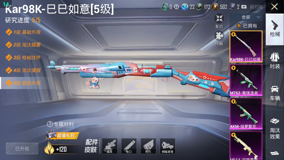 1783228-2王牌印记-1粉装-4特效枪-114枪皮-87套装-0载具  【1粉装】 闲梦青缨 【4特效枪】 M762-青锋波束 Kar98K-巳巳如意 Mk14-闲梦青缨 AKM-绿萝繁花 【