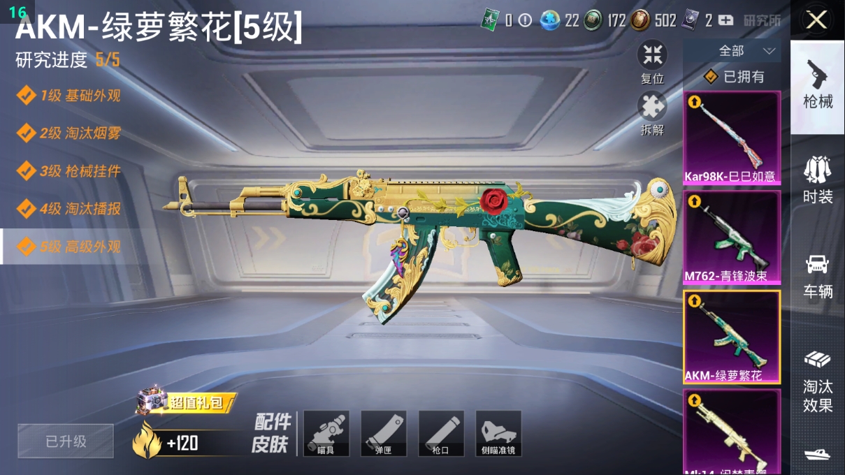 1783228-2王牌印记-1粉装-4特效枪-114枪皮-87套装-0载具  【1粉装】 闲梦青缨 【4特效枪】 M762-青锋波束 Kar98K-巳巳如意 Mk14-闲梦青缨 AKM-绿萝繁花 【