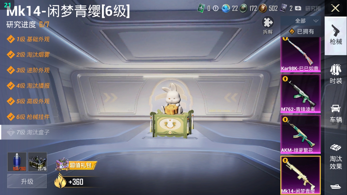 1783228-2王牌印记-1粉装-4特效枪-114枪皮-87套装-0载具  【1粉装】 闲梦青缨 【4特效枪】 M762-青锋波束 Kar98K-巳巳如意 Mk14-闲梦青缨 AKM-绿萝繁花 【